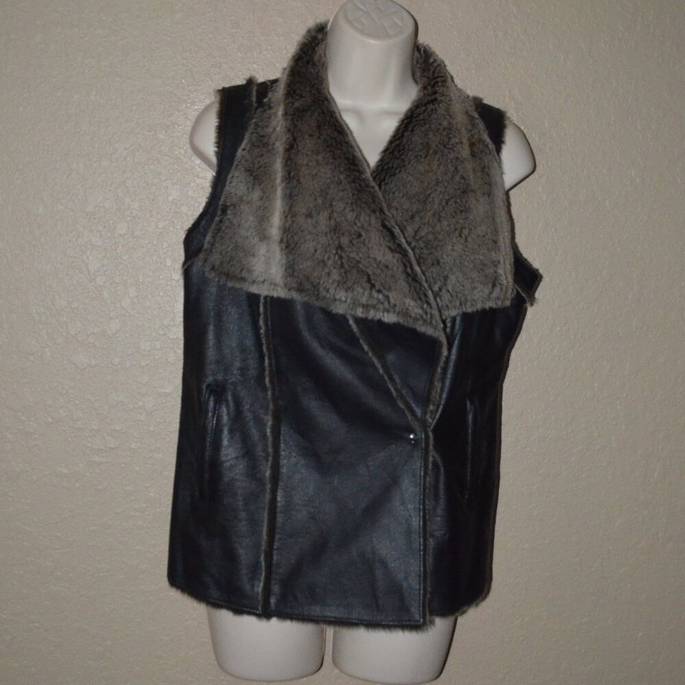 Sz S/M My Tribe Black Leather Faux Fur Lined Vest